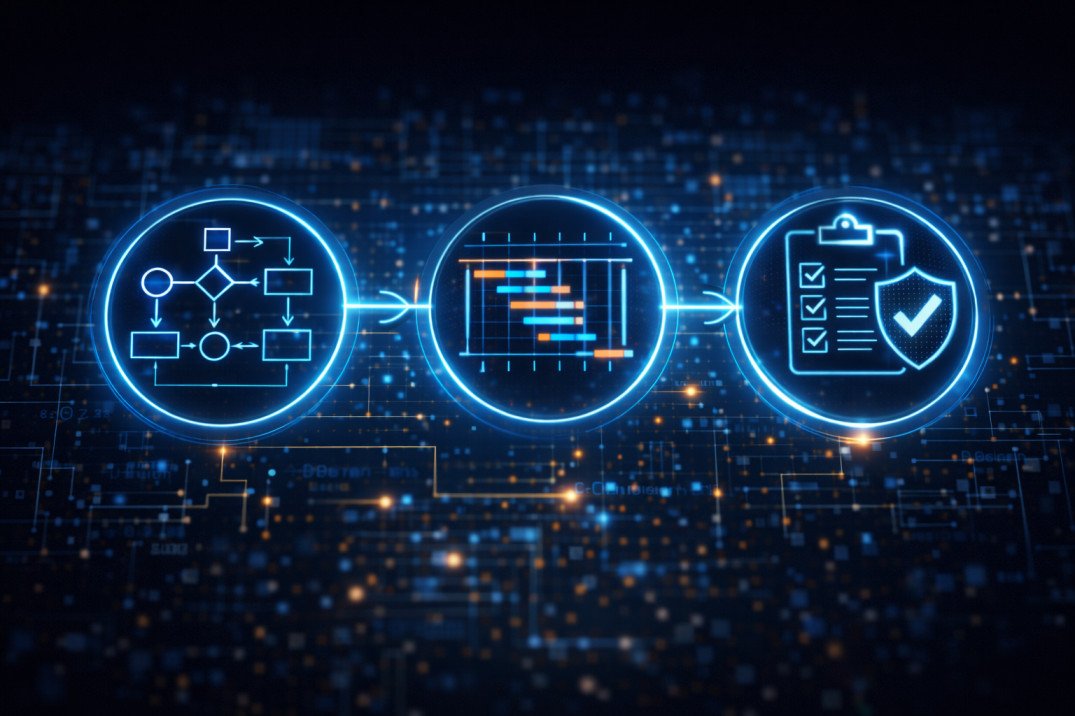 digital workflow through glowing icons